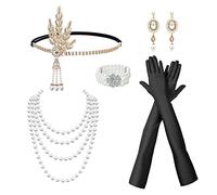 TSHAOUN 6 Stück 1920s Flapper Accessoires Set,1920 Zubehör Set,20er Jahre Themenset mit Stirnband Kopfbedeckung Lange schwarze Handschuhe Halskette,Great Gatsby Zubehör für Frauen.