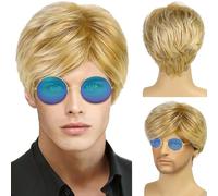TSHAOUN Courte Perruque pour Homme, Postiche Naturelle Moelleuse, Blonde Couche Vague Perruques pour Hommes avec Frange Disco Perruque Punk Rock Halloween Cosplay Costume de Fête Quotidien (Blond)