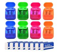 TSHAOUN Lot de 8 taille-crayons colorés à deux trous avec couvercle et 8 gommes blanches pour enfants, adultes, école, bureau