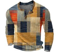 Tshirt à Manches Longues Et Col Henley pour Hommes, Mode Rétro Vintage à Carreaux Imprimé Patchwork, Tshirt Homme - T-Shirt Basique à Manches Raglan Longues Top Blouse RéTro
