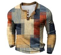 Tshirt à Manches Longues Et Col Henley pour Hommes, Mode Rétro Vintage à Carreaux Imprimé Patchwork, Tshirt Homme - T-Shirt Basique à Manches Raglan Longues Top Blouse RéTro