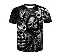 Tshirt Crâne Noir Hommes Squelette T-Shirt Punk Rock Gun Bleu T-Shirts Impression 3D T-Shirt Vintage Hommes Vêtements Été Hauts Blancs,D-622,5XL