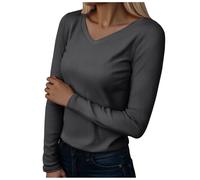 Tshirt Femme Manches Longues Col V Haut Thermique Tricot Élégant Slim Fit Chaud Tee Shirt Basic Top Tricot Serré Pull pour Hiver Automne (Dark Gray, L)