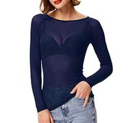 Tshirt Femme Résille, Haut Transparent Sexy-Top Manche Longue Grande Taille Serré élasticité la Grâce Tunique Couleurs Pures Décontractés Chic Coupe Ajustée Chemisers Stretch de Base Blouse
