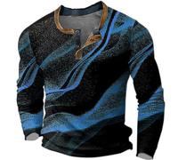 Tshirt Homme Manches Longues Imprimé Numérique à Boutons Col Rond Large Décontracté Haut Personality(Blue, L)