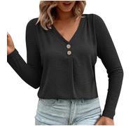 Tshirt Manche Longue Femme Haut Décontracté Vetement Col en V Tee Shirt Casual Loose Tee Top Couleur Unie Tunique Blouse T-Shirts à Manches Longues Mode Vêtements Mes Commandes Noirxxl