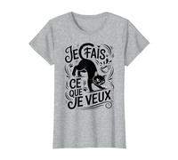 Tshirt Phrase Chat Noir Je Fais ce Que Je Veux Humour Chaton T-Shirt, Femme, Gris Chiné, XS