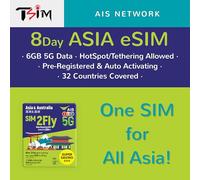 TSIM Carte eSIM Asie et Australie | 8 jours 6 Go | Maintenant avec réseau 5G | Activation automatique | Australie, Bali, Cambodge, Chine, Hong Kong, Indonésie, Japon, Malaisie, Singapour, Corée du
