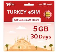 TSIM Carte eSIM prépayée Turquie pour voyage | Vitesse 5 Go 5G 30 jours | Hotspot autorisé | Code QR eSIM envoyé par e-mail dans les 24 heures suivant l'expédition | Scannez le code QR et utilisez