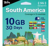 TSIM Carte SIM Amérique du Sud 30 Jours 10Go. Réseau Multi-Opérateurs 5G/4G, Partage de Connexion autorisé. Compatible Brésil, Chili, Colombie, Argentine et Plus. Activation Automatique.