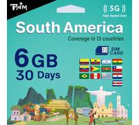 TSIM Carte SIM Amérique du Sud 30 Jours 6Go. Réseau Multi-Opérateurs 5G/4G, Partage de Connexion autorisé. Compatible Brésil, Chili, Colombie, Argentine et Plus. Activation Automatique.