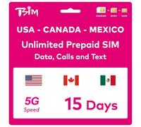 TSIM Carte SIM prépayée 15 jours, données illimitées 4G/5G aux États-Unis, 5 Go HAUTE VITESSE au Canada et au Mexique, appels locaux illimités + appels/SMS entrants gratuits