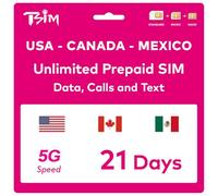 TSIM Carte SIM prépayée américaine pour 21 jours | Données illimitées 4 G/5 G aux États-Unis + 5 Go de données Canada/Mexique | Appels locaux illimités | Appels et SMS gratuits à venir