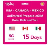 TSIM eSIM américaine prépayée 15 jours | Données haut débit illimitées 4G/5G aux États-Unis + 5 Go de données haute vitesse au Canada et au Mexique | Appels locaux illimités + appels entrants et SMS