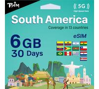 TSIM eSIM Amérique du Sud - 30 Jours 6Go | Réseau Multi-Opérateurs 5G/4G | Hotspot Autorisé | Brésil, Chili, Colombie, Argentine et Plus | Livraison eSIM en 24 Heures