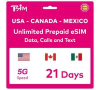 TSIM eSIM prépayée américaine 21 jours | Données haut débit illimitées 4G/5G aux États-Unis + 5 Go de données haute vitesse au Canada et au Mexique | Appels locaux illimités + appels entrants et SMS
