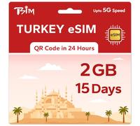 TSIM eSIM prépayée Turquie pour voyage | 15 jours 2 Go vitesse 5G | Hotspot autorisé | Code QR eSIM envoyé par e-mail dans les 24 heures suivant l'expédition | Scannez le code QR et utilisez