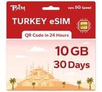 TSIM eSIM prépayée Turquie pour voyage | 30 jours 10 Go vitesse 5G | Hotspot autorisé | Code QR eSIM envoyé par e-mail dans les 24 heures suivant l'expédition | Scannez le code QR et utilisez