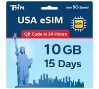 TSIM USA eSIM 15 jours 10 Go | Réseau 5G multi-opérateurs à haute couverture | Activation automatique | Plan rechargeable | Hotspot autorisé | Code QR eSIM envoyé par e-mail dans les 24 heures suivant