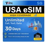 TSIM USA eSIM 30 Jours avec appels vers Le Pays d’Origine | Haute Couverture | Données illimitées sur Le réseau | Appels/SMS locaux + internationaux illimités aux États-Unis (y Compris l’Alaska).