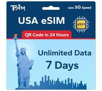 TSIM USA eSIM 7 Jours | Données illimitées | 5G Multi-Opérateurs | Activation Automatique | Forfait Rechargeable | Hotspot autorisé | QR eSIM envoyé sous 24 h | Data Only