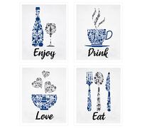 Tskcvy Bleu Marine Cobalt Gris Blanc Vintage Inspiration Cuisine Restaurant Café Bar Mur Art DéCorations Manger Boire Amour Vin