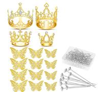 Tskcvy Couronnes Dorées pour Accessoires de Bouquet de Fleurs, 4 Décorations de Couronne de Gâteau, 12 Décorations de Papillons et 50 Épingles à Fleurs