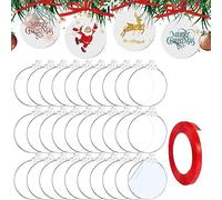 TSKDKIT 30 pcs Boules de Noël Rondes Feuille Acrylique Transparent avec Ruban, Boules Plates pour travaux manuels, Noël disques Acrylique Transparent pour décoration de fête d'arbre (10 cm)