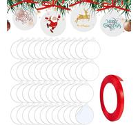 TSKDKIT 50 pcs Boules de Noël Rondes Feuille Acrylique Transparent avec Ruban, Boules Plates pour travaux manuels, Noël disques Acrylique Transparent pour décoration de fête d'arbre (10cm)