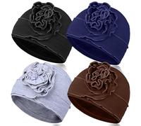 TSKNOMO Ensemble de 4 couvre-chefs de chimio pour femmes - Respirant - Cancer - Chapeaux de chimio élastiques pour femmes souffrant de perte de cheveux, Noir + gris clair + bleu marine + marron,
