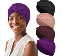 TSKNOMO Lot de 4 turbans en coton doux, pré-noués et plissés pour chimio pour femme, Couleur 2, Taille unique