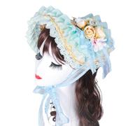 TSMORY Bonnet de paille victorien en dentelle pour femme avec bordure à volants et fleur de rose pour cocktail et événement cosplay, bleu, XS-XL