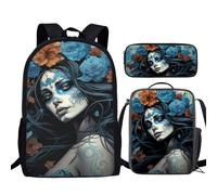 TSOVTHRID Ensemble de sacs d'école pour enfants de 43,2 cm, sacs à dos, sacs à livres, sac fourre-tout, trousses à stylos, Blue Sugar Skull Girl Flower Floral