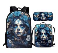 TSOVTHRID Ensemble de sacs d'école pour enfants de 43,2 cm, sacs à dos, sacs à livres, sac fourre-tout, trousses à stylos, Blue Sugar Skull Girls Rose Papillon Fleurs