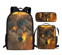 TSOVTHRID Lot de 3 sacs à dos de voyage pour femmes, hommes, enfants, sac à dos, boîte à déjeuner, trousse à stylos, Flamme de feu loup
