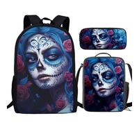 TSOVTHRID Lot de 3 sacs d'école pour ordinateur portable, sac à dos, sac à dos, sac à déjeuner, trousse à stylos, Sugar Skull Girl Boho Rose