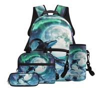 TSOVTHRID Lot de 4 sacs à dos légers pour l'école pour filles avec boîte à déjeuner pour garçons de 10 à 12 ans, Aurora Moon Whale