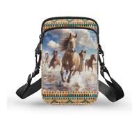 TSOVTHRID Petit sac à bandoulière pour enfants avec poche avant, Chevaux marron géométriques tribu Navajo Ethnique