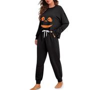 TSOVTHRID Pyjama d'Halloween pour adulte et femme - Vêtement de nuit doux et confortable - Taille S à 2XL - 2 pièces, Sourire de citrouille noire, S