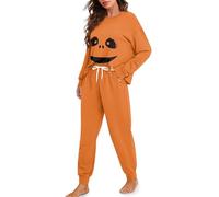 TSOVTHRID Pyjama d'Halloween pour adulte et femme - Vêtement de nuit doux et confortable - Taille S à 2XL - 2 pièces, Sourire de citrouille orange, M