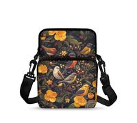 TSOVTHRID Sac à bandoulière portable à 2 couches pour enfants, filles, garçons, Gris Bleu Or Petits Oiseaux Fleurs Feuilles