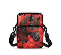 TSOVTHRID Sac à bandoulière pour filles avec fermeture éclair, sac à bandoulière à 2 couches pour homme et femme, Black Horse Red Rose Flowers
