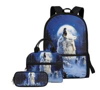 TSOVTHRID Sac à dos 3 en 1 pour enfants de grande capacité avec boîte à déjeuner pour garçons de 8 à 9 ans, Moon Wolf.