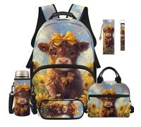 TSOVTHRID Sac à dos avec boîte à déjeuner pour filles 6 en 1, sac à livres de 43,2 cm avec trousse à crayons, pochette pour bouteille, marque-page, porte-clés, Vache des Highlands Tournesols, Sacs à