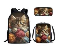 TSOVTHRID Sac à dos d'école 3 pièces pour adolescents garçons sac à livres pour filles avec boîte à déjeuner Ensemble sac d'école princesse pour adolescents, Cute Cat Pelote de laine à tricoter