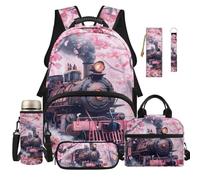 TSOVTHRID Sac à dos pour garçons de 6 à 8 ans avec boîte à déjeuner de 43,2 cm, sac d'école pour garçons de 8 à 12 ans, 12 à 14 ans, trousse à crayons 6 en 1, porte-clés, Train Cherry Blossom, Sacs à