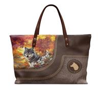 TSOVTHRID Sac à main fourre-tout pour femme en cuir synthétique de grande capacité, Wolf Fall Forest Brown