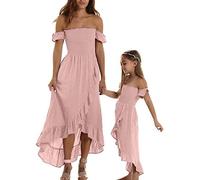 TSQFE Belle Maman Fille Assortie Robes d'épaule Maxi voli à Volants dossiers portées portées à Manches Courtes à Manches Courtes Beach mère Fille Assortie (Color : Pink, Size : Medium)