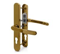 TSS Lot de 2 poignées de porte en UPVC avec leviers décalés, centre PZ 92/62 mm (intérieur = 92 mm/extérieur 62 mm), ressort, vis à vis 200 mm, plaque arrière 250 mm x 34 mm (laiton poli)