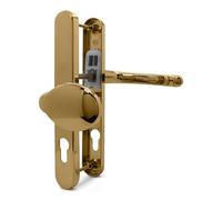 TSS Paire de poignées de porte en UPVC en laiton poli avec levier décalé et patin, centres PZ 92/62 mm (intérieur = 92 mm/extérieur 62 mm), ressort, vis à vis 212 mm, plaque arrière 245 mm x 34 mm